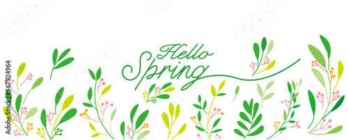 Hello spring illustration. Green leaves and natural pattern decoration spring graphic. spring time seamless pattern background for promotion. graphic design and banner. Vector illustration.