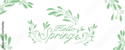 Hello spring illustration. Green leaves and natural pattern decoration spring graphic. spring time seamless pattern background for promotion. graphic design and banner. Vector illustration.