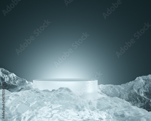 Ice cold cool fresh stand product display platform advertisement iceberg mountain landscape crystal winter season north pole temperature drop climate celsius cosmetics snow freeze. 3D illustration.