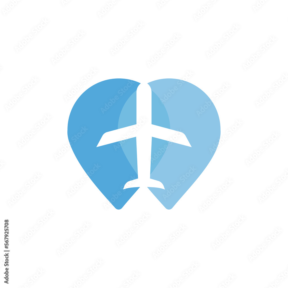 airplane with two location icons represent travel logo