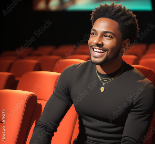 A Man with Goatee Wearing Black Sweater is Sitting in a Movie Theater Reacting and Laughing Generative AI illustration