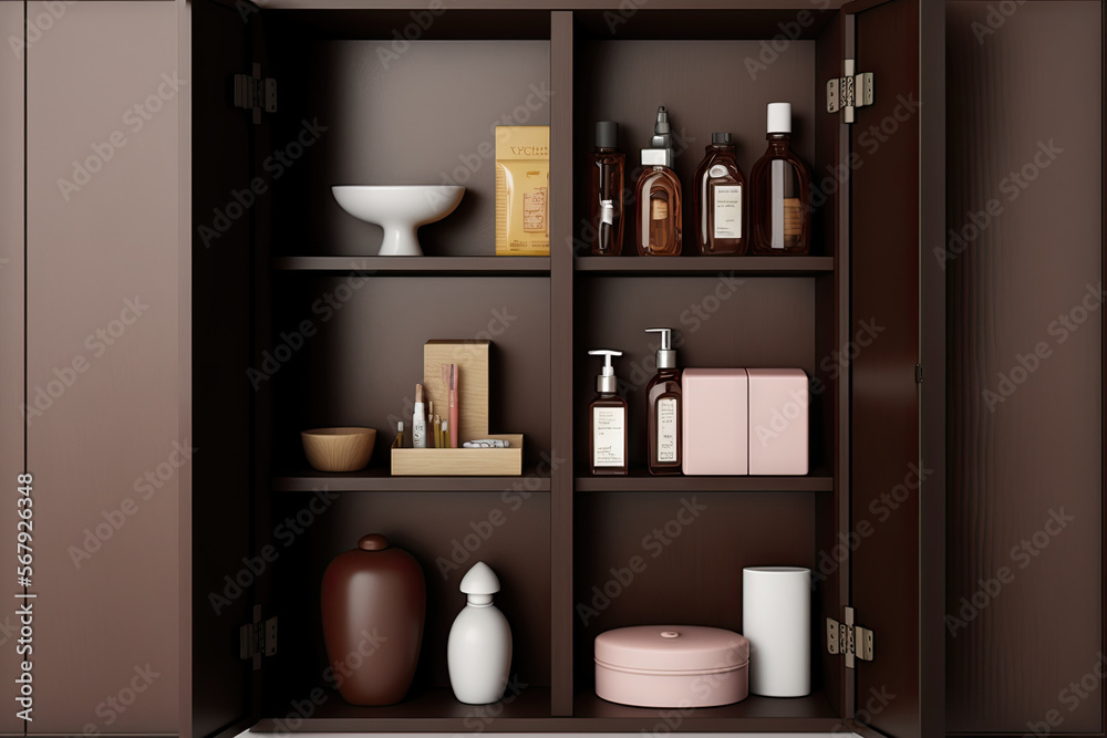 On a white wall, a clipping path is used to isolate an open dark brown bathroom cabinet filled with toiletries and cosmetics. Generative AI On a white wall, a clipping path is used to isolate an open dark brown bathroom cabinet filled with toiletries and cosmetics. Generative AI
