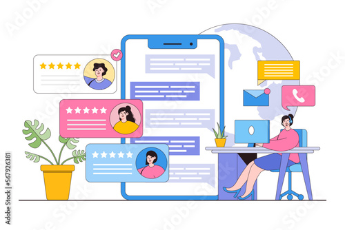 Flat customer support with smartphone concept. Outline design style minimal vector illustration for landing page, web banner, infographics, hero images