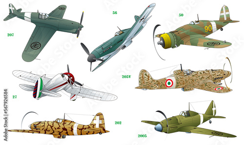 Принти на полотні 7 types of Italian world war 2 single engine propeller war fighter illustration