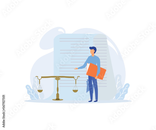 Law and justice illustration. Characters and lawyers signing contract, agreement or document. Public law consulting and legal advice concept.flat vector modern illustration