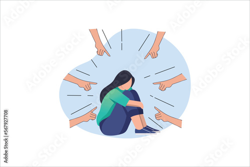 Depressed sad lonely woman in anxiety, sorrow vector cartoon illustration. Loneliness concept of depression with stressed girl sitting and holding her knees need psychotherapy help,