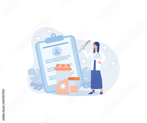 Medical tests illustration. Laboratory doctor or chemist testing patients urine and blood samples and saving lab results online. Health care and medicine concept.flat vector modern illustration 