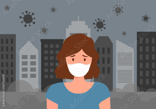 Air pollution pm2.5 concept vector illustration. Woman suffering from dust and bad environment.