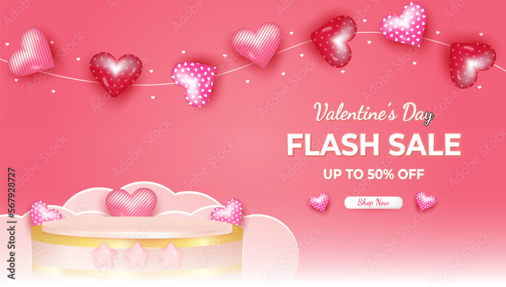 Valentines day flash sale banner template up to 50 percent Off. Vector illustration