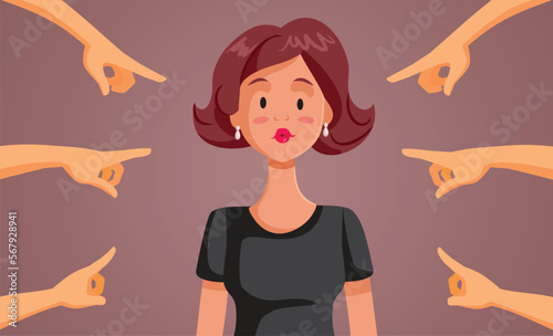 People Accusing a Young Woman Pointing Fingers Vector Cartoon. Society blaming a pretty young woman because of its prejudice and misogyny 
 photo