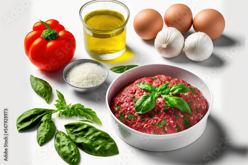 meatball making ready raw minced meat. components like onions, basil, tomato sauce, pepper, and salt were scattered about as decorations. In Turkey and the Balkans, this dish is known as cufte or koft photo
