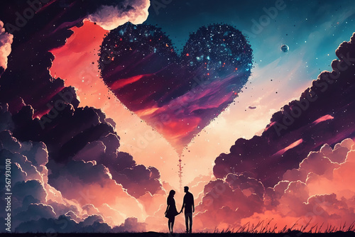 Couple in Love Illustration, Creative Abstract Art, Lovers look at Giant Heart in the sky, Silhouette of man and woman in relationship, Romance, Colorful, Background, Poster, Web, Print