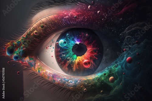eye of space  beautiful eye of the world. colorful eye on the alien planet in space. a universe of fantasy desire  and a mixture of imaginations. generative AI illustration