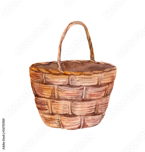 Empty wicker woooden basket. Rustic picnic bag maded from wood. Watercolor vector Easter basket