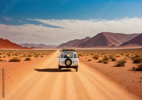 Driving a car on a gravel road in the desert above. Sandy surroundings, no one. Mountains and wildlife. Namibian landscapes are natural. Road leading to the Skeleton coast. SUV style white car © AkuAku