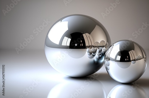 big and small sized spheres, reflections, ray tracing made with generative ai