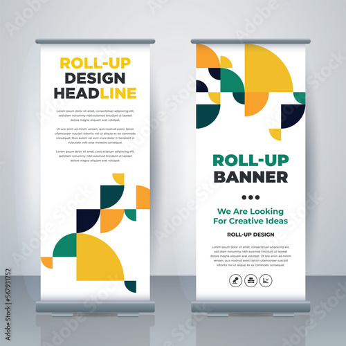 Geometric Business Roll Up. Standee Design. Banner Template. Presentation and Brochure. Geometric x-banner and flag-banner advertising. Vector illustration.