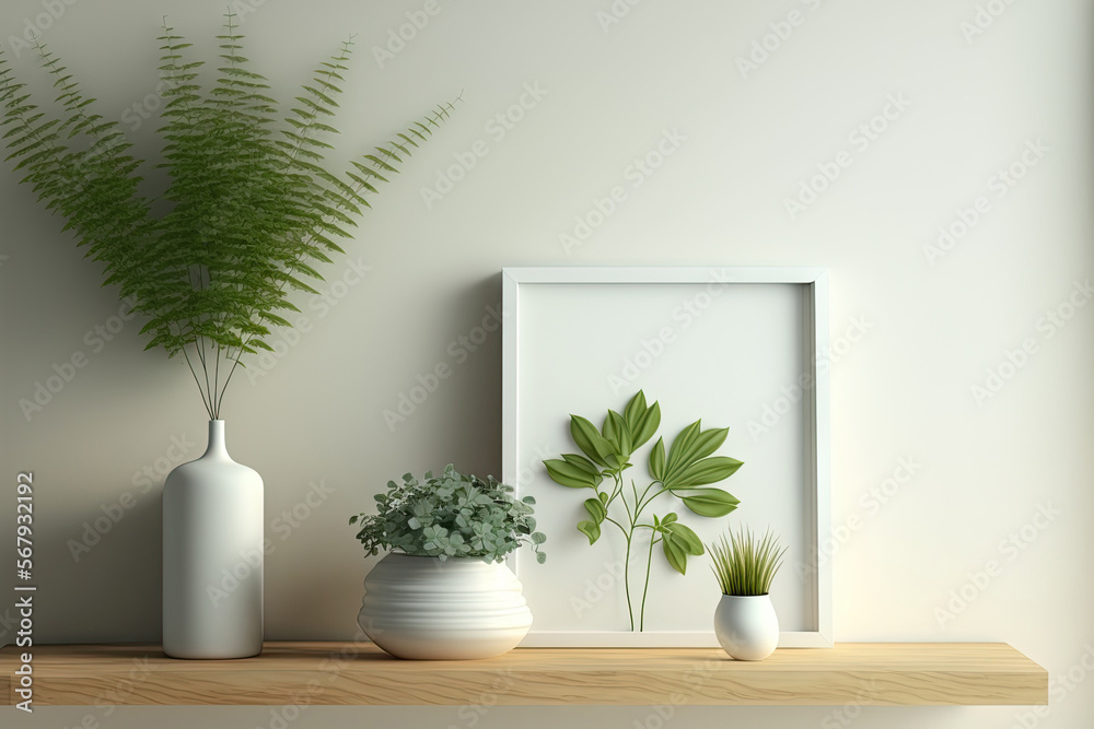 mock up of a wall with plants on a wooden shelf,. Generative AI