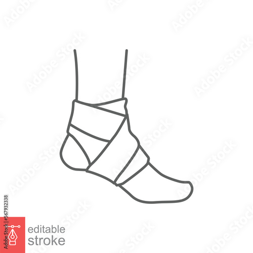 Foot, ankle wrap line icon. Outline style can be used for web, mobile. Pain, hip, ortho, anatomy, body, care concept. Vector logo illustration isolated on white background. Editable stroke EPS 10.