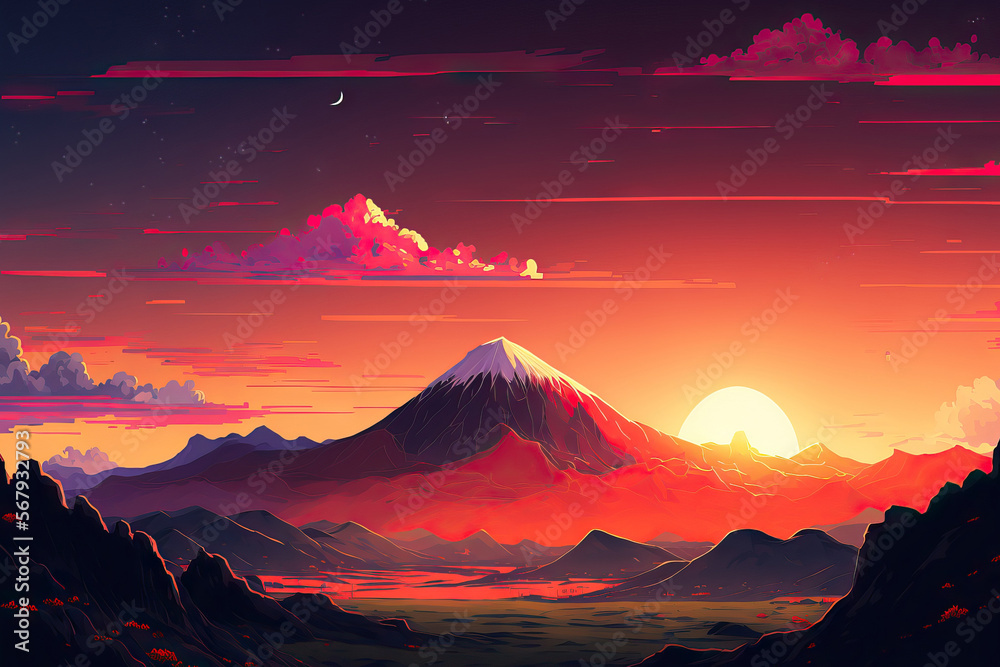 Manga and anime style mountain panorama with a red sunset. Digital painting of a landscape with hills, grass, and clouds at dawn and dusk. colors red and green. 4K cartoon artwork, background, and rom