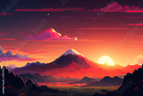 Manga and anime style mountain panorama with a red sunset. Digital painting of a landscape with hills, grass, and clouds at dawn and dusk. colors red and green. 4K cartoon artwork, background, and rom