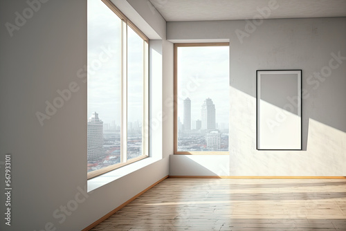 A modern gallery s interior features a mock up area on a wall made of white concrete  wood floors  and a window with a view of the city. Concept for a museum or residence. Generative AI