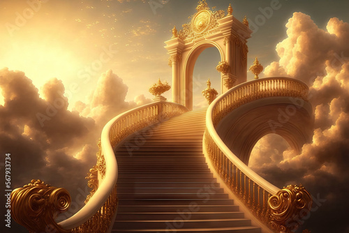 The glorious golden kingdom of heaven is reached by ascending golden staircases through the skies. Generative AI photo