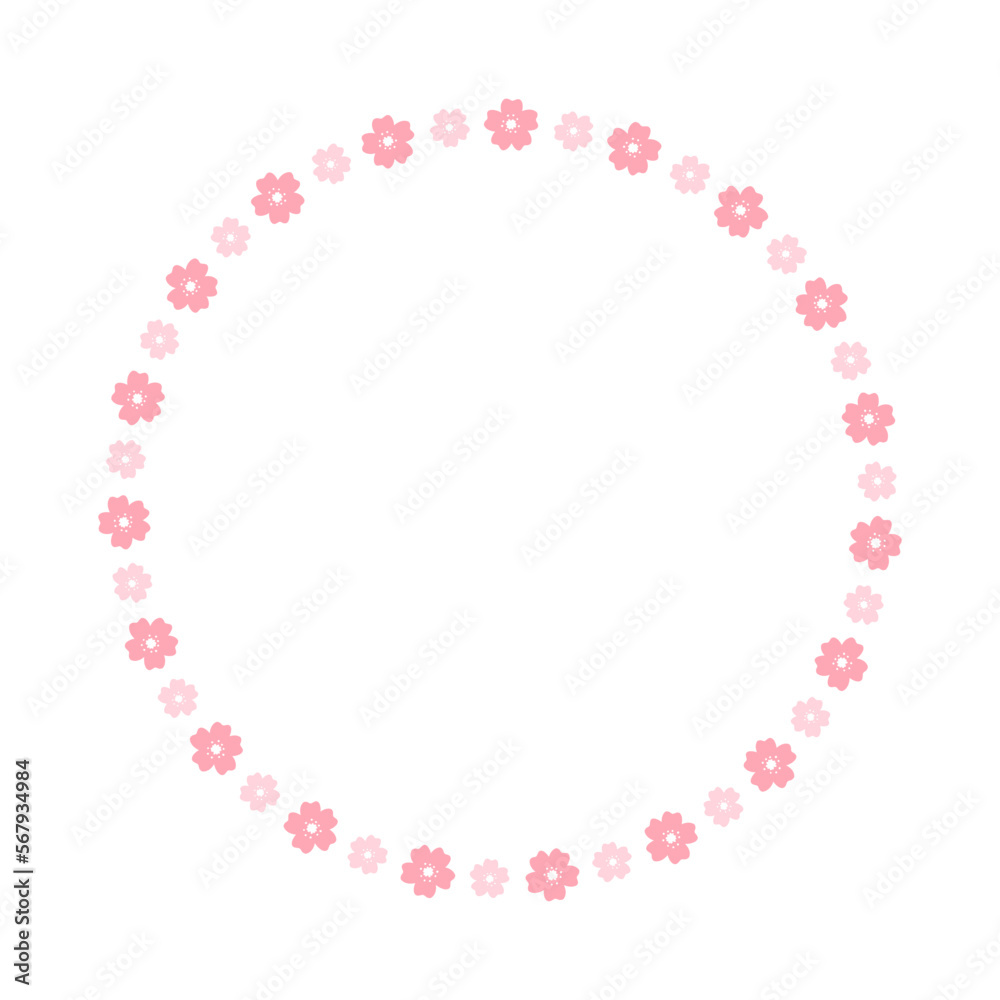 Round Cherry Blossom Frame. Cute Floral Wreath Border.