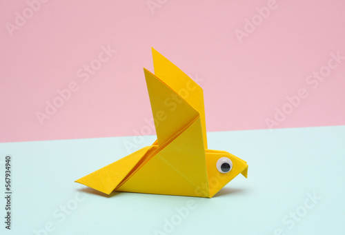 Origami dove with eyes on pink blue background. Creative layout