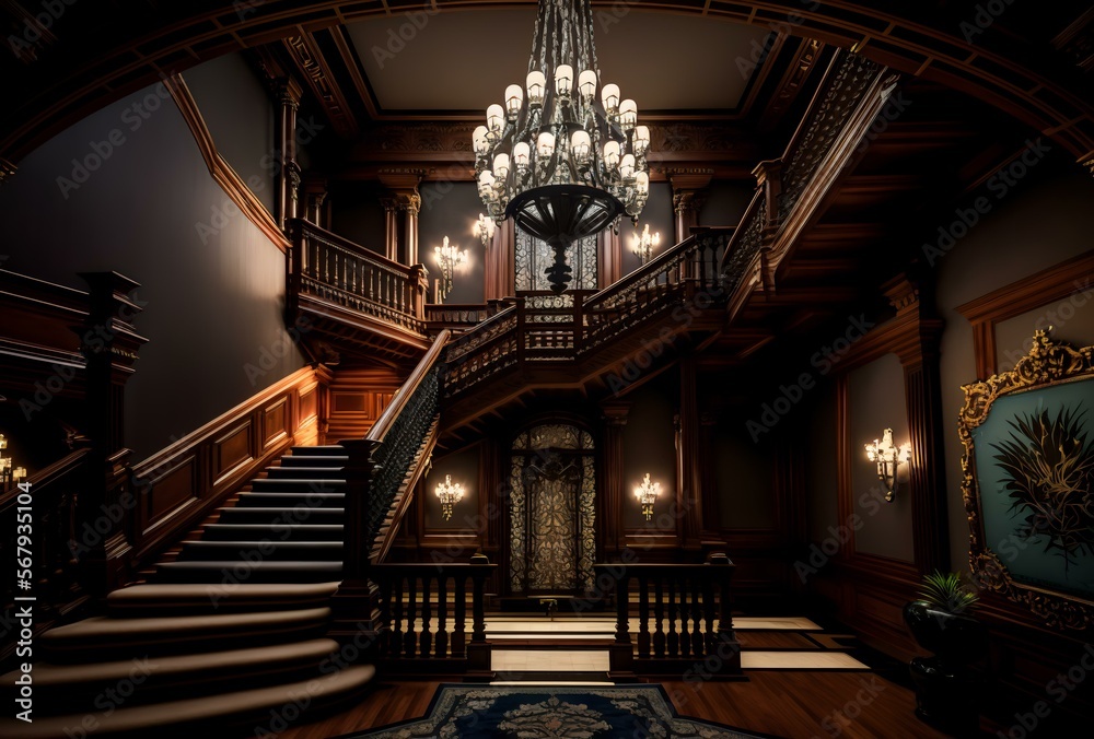 grand foyer, featuring a sweeping staircase, ornate moldings, and a chandelier (AI Generated)