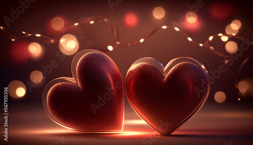 hearts in love  valentine s day  romance  hearts in the middle of a beautiful background  lights with boke  3d rendering  digital illustration