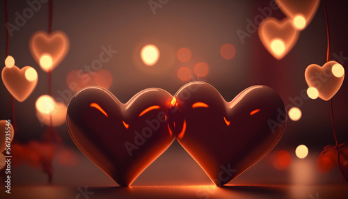 hearts in love, valentine's day, romance, hearts in the middle of a beautiful background, lights with boke, 3d rendering, digital illustration