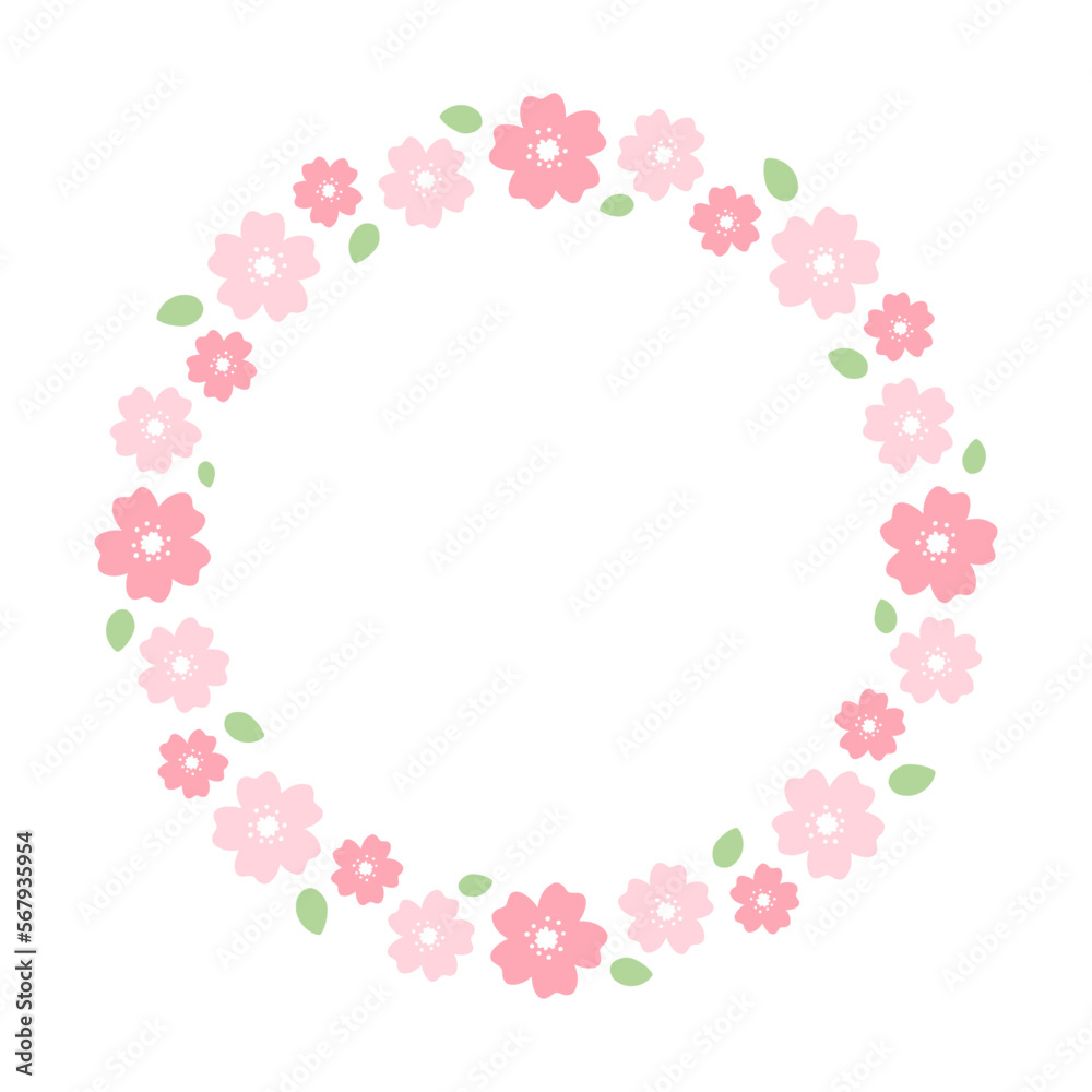 Round Cherry Blossom Frame. Cute Floral Wreath Border.