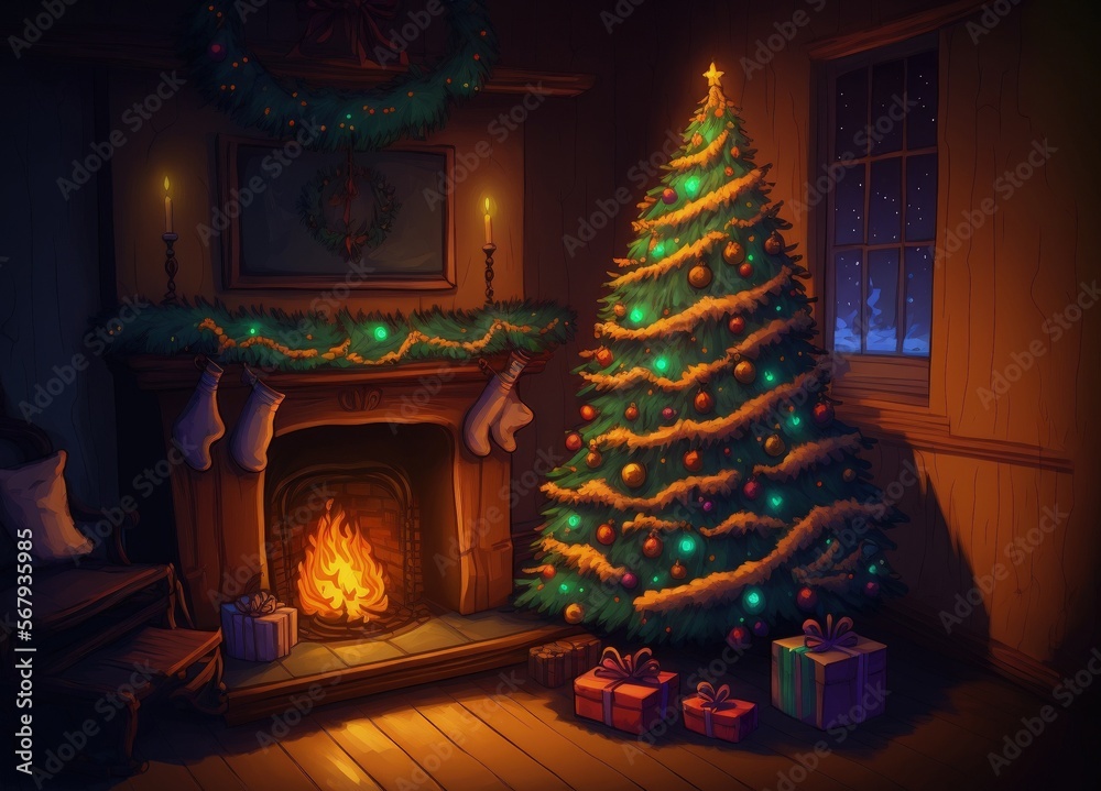 Decorated Christmas Tree Next to a Fireplace with Lights. Generative AI Decorated Christmas Tree Next to a Fireplace with Lights. Generative AI