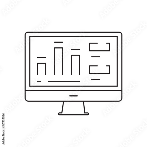 Computer with online statistics and analytics line icon. Online report and chart analysis vector outline sign.