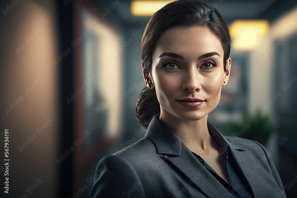 Portrait of beautiful smart business woman in suit in office, ai generated  Stock Illustration