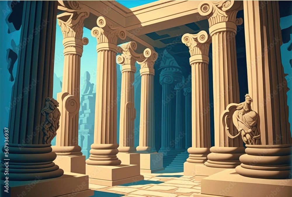 Perspective view of sculptures and columns on the walls of an old Greek fantasy temple. Illustration artwork. Generative AI