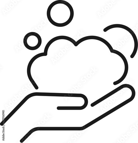 Foam in Outstretched Hand Isolated Line Icon. Editable stroke. Vector sign for adverts, stores, shops, articles, UI, apps, sites. Minimalistic sign drawn with black line