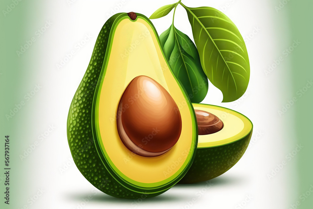 Avocado with two slices, isolated on a white backdrop. One slice that includes the core. component of the product label's design. Generative AI Avocado with two slices, isolated on a white backdrop. One slice that includes the core. component of the product label's design. Generative AI