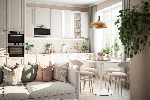 Warm pastel white and beige colors are used in the interior design of the spacious, cheerful studio apartment in the Scandinavian style. Modern touches in the kitchen and fashionable furniture in the
