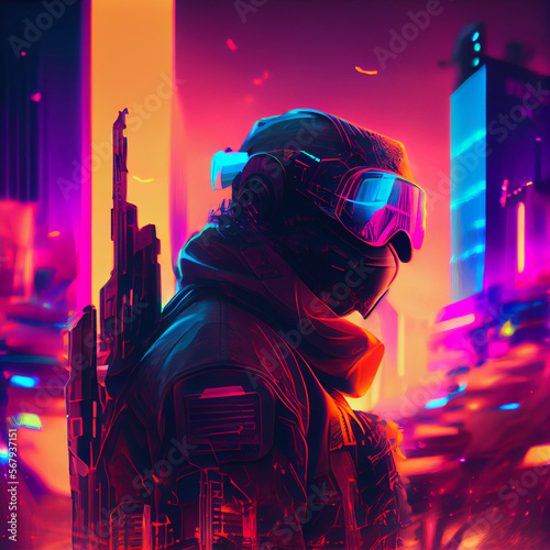 Soldier Wearing Futuristic Armor and VR Glasses Cyberpunk Style. Generative Ai