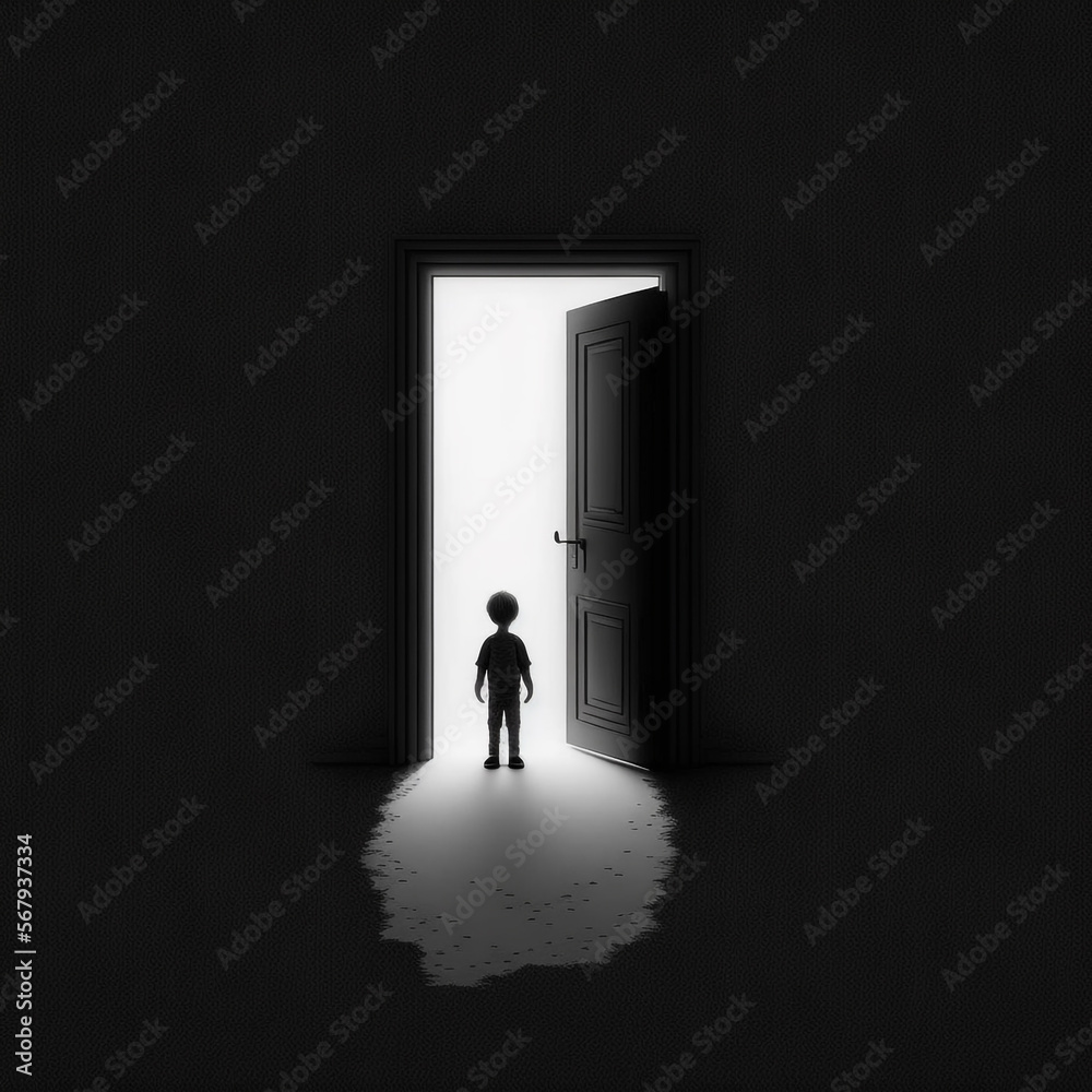 Minimalist illustration of a person in front of a door Minimalist illustration of a person in front of a door