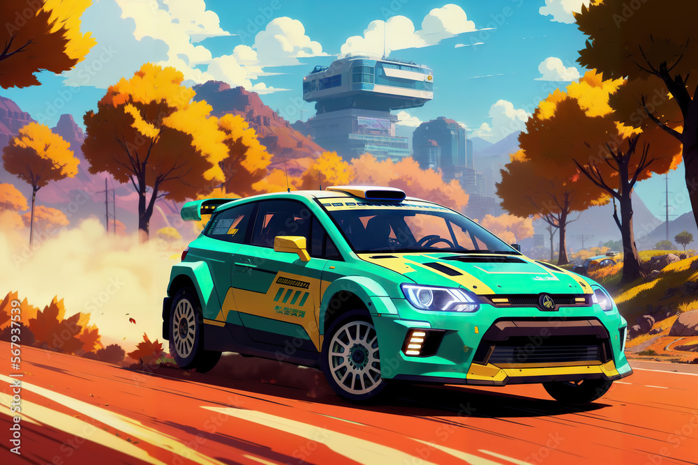 Rally Car Race in Full Speed Across the Autumn Landscape in a Green Neon Car Generative AI Art Illustration