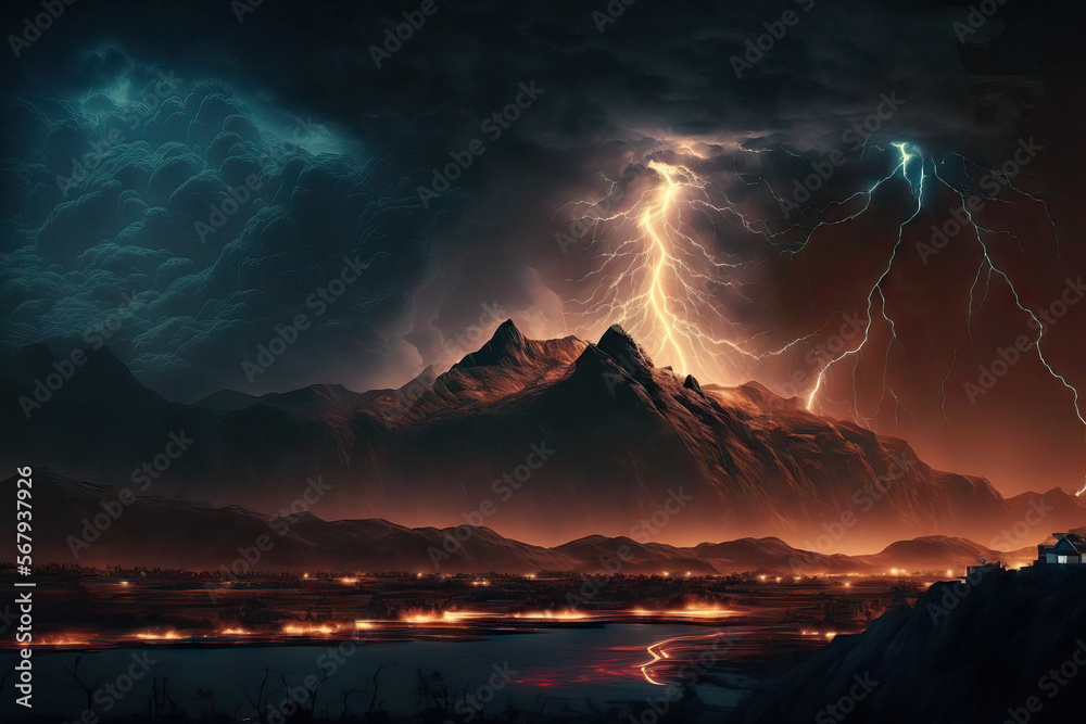 A dramatic, stormy night sky is dark and filled with lightning. Mountainous scenery at night. Thunder and lightning related lightening strikes. Generative AI
