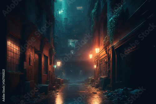 Backstreet of a future, dystopian urban city at night. notion of cyberpunk. Generative AI
