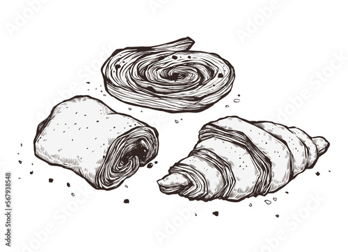 Pastry set illustration hand draw with ink  on white background