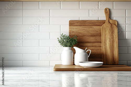 Wooden planks are in front of a white tile wall background that is blurred. Generative AI