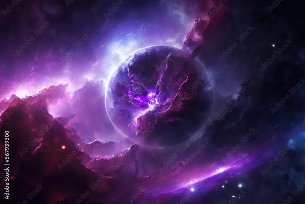 Фотография Violet nebula, planets, and space. Generative AI