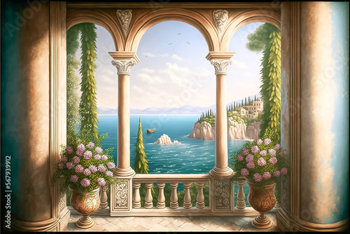 painting fresco balcony sea view imagine oil color	view mountain sea