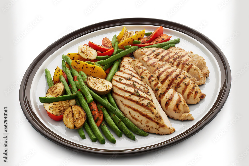 grilled chicken and vegetables on a platter, isolated on a white background. Generative AI grilled chicken and vegetables on a platter, isolated on a white background. Generative AI